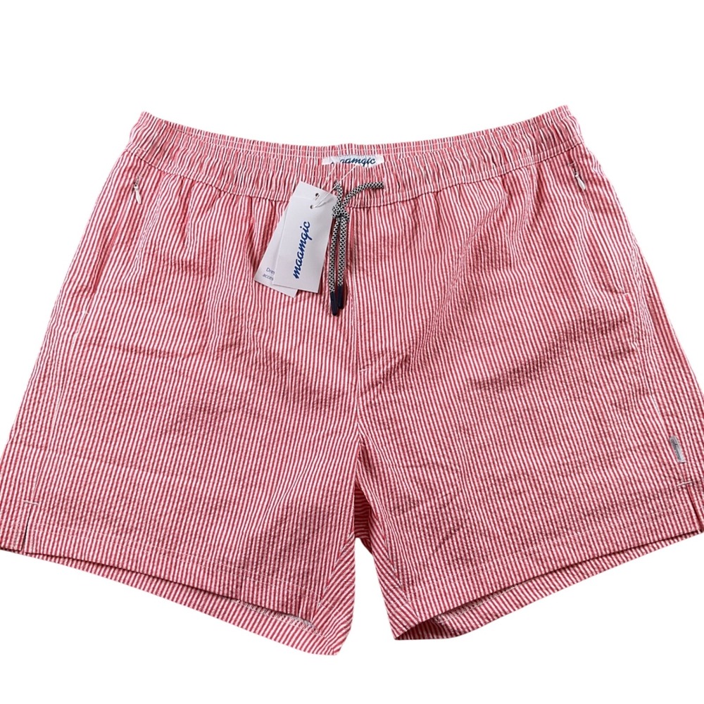 Maamgic XXL Red White Striped Seersucker Drawstring‎ Elastic Waist  swim trunks